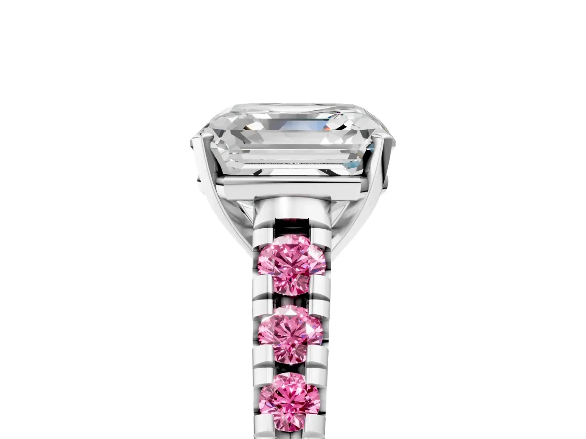 Asscher Cut Diamond Cathedral Solitaire Ring with Round Pink Sapphire Pavé Band Platinum
