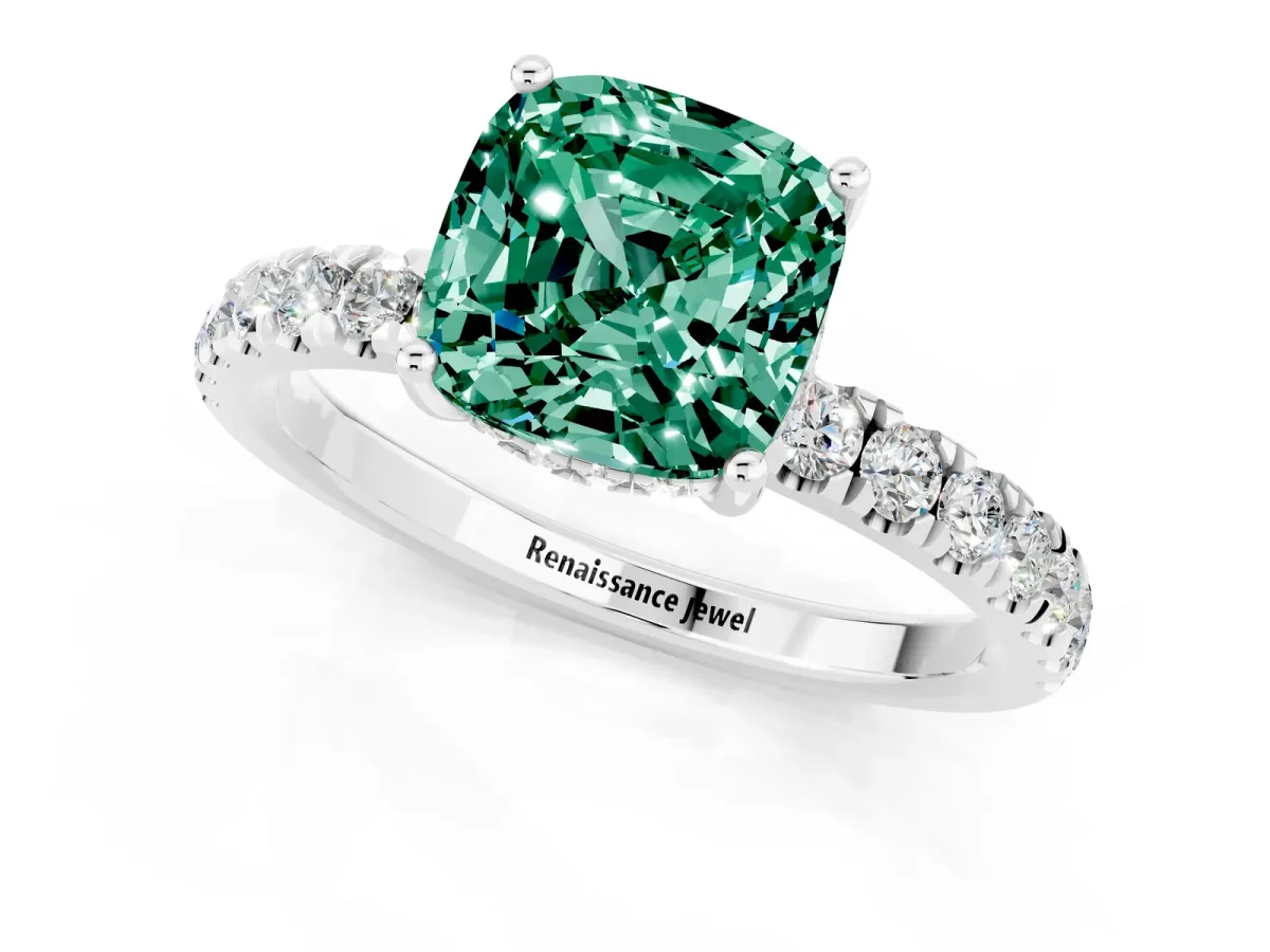 Cushion Cut Green Sapphire Pave Band Solitaire Ring with Round and Prong Setting Silver