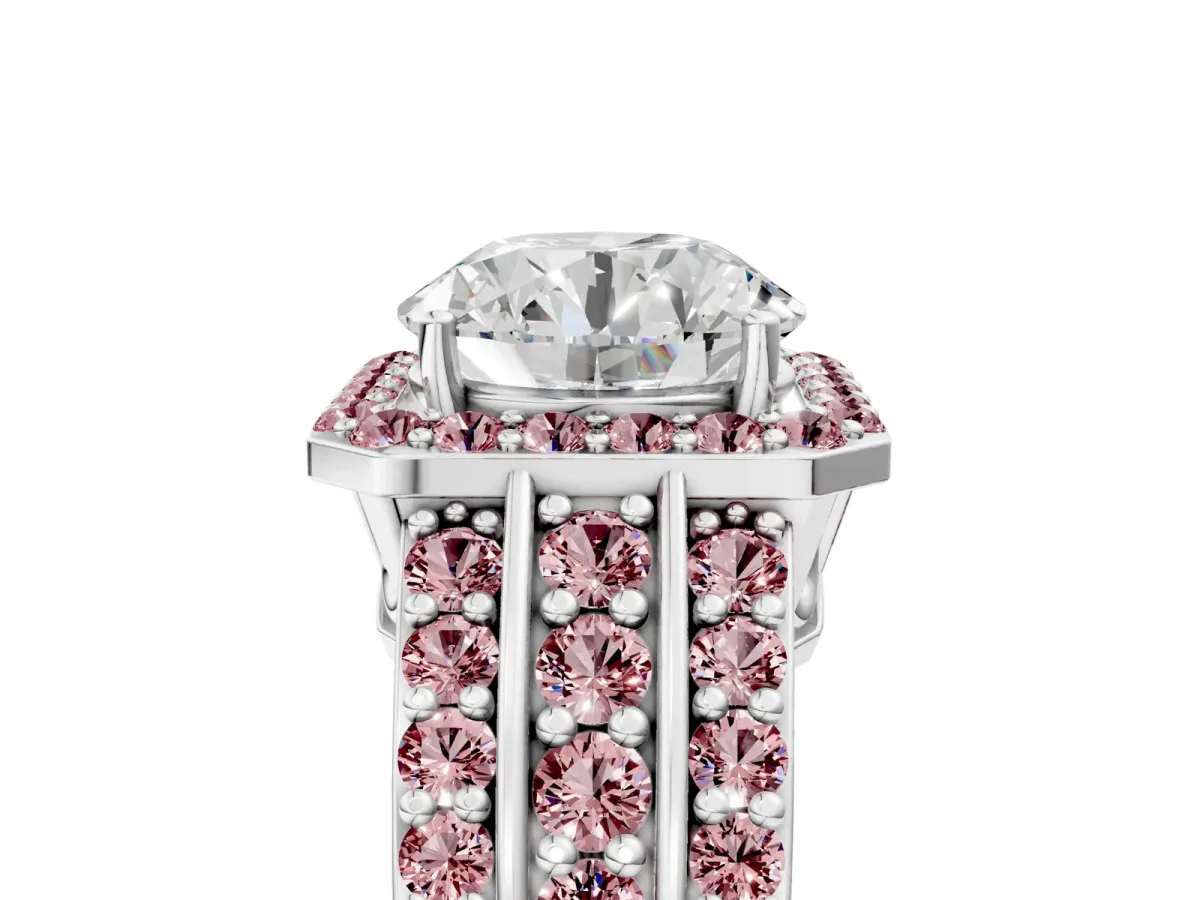 Round Cut Halo Diamond Ring with Round Morganite Split Shank and Prong Setting White gold
