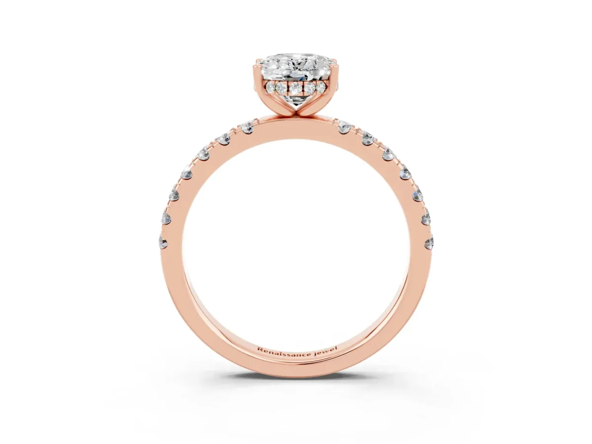 Oval Cut Moissanite Pave Band Solitaire Ring with Round and Prong Setting Rose gold