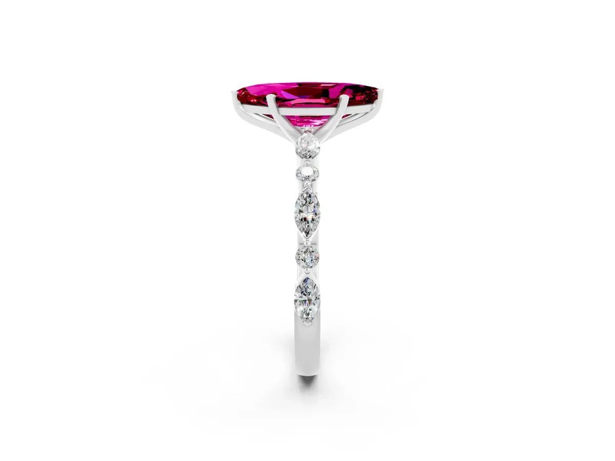 Marquise Cut Garnet Ring with Marquise and Round Side Stones and Four-Prong Setting Silver