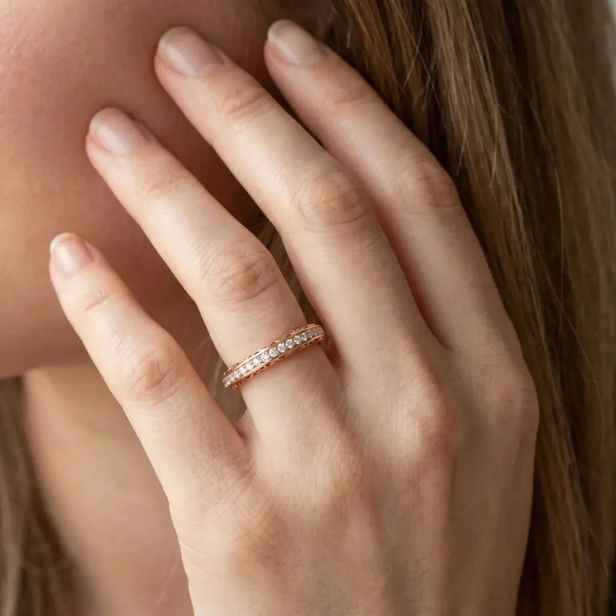 Round Diamond Channel-Set Eternity Band with Filigree Detailing Rose gold