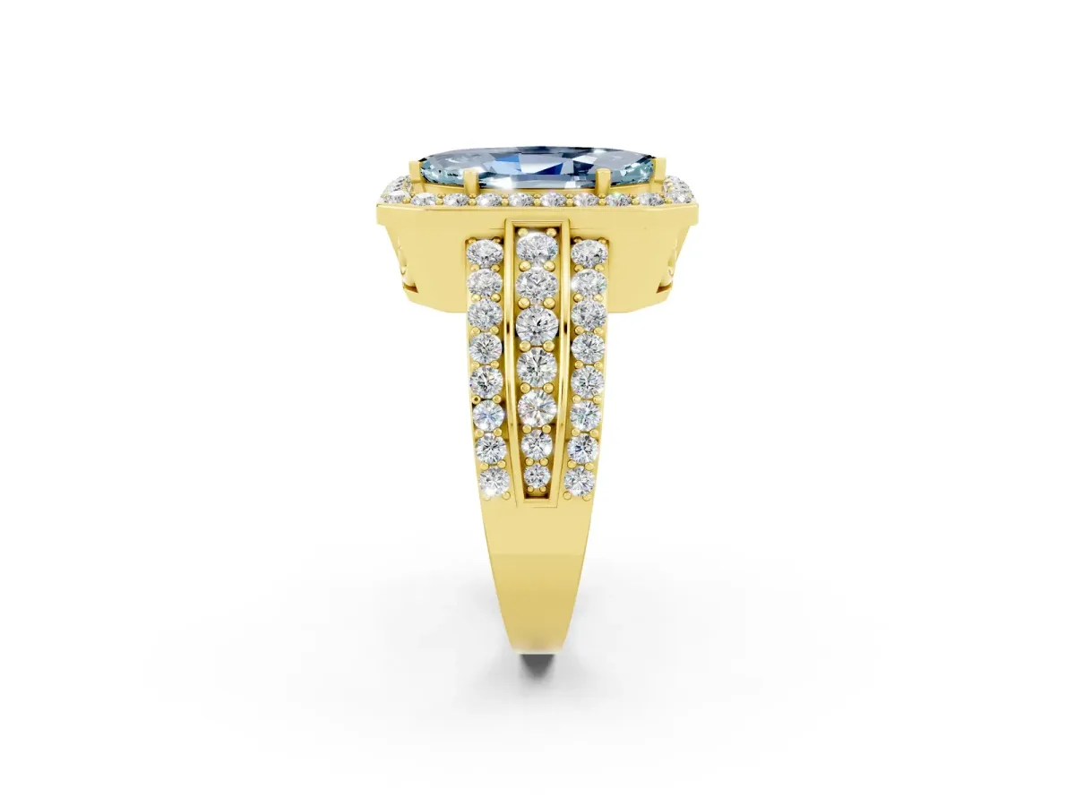 Marquise Cut Halo Aquamarine Ring with Round Split Shank and Prong Setting Yellow gold