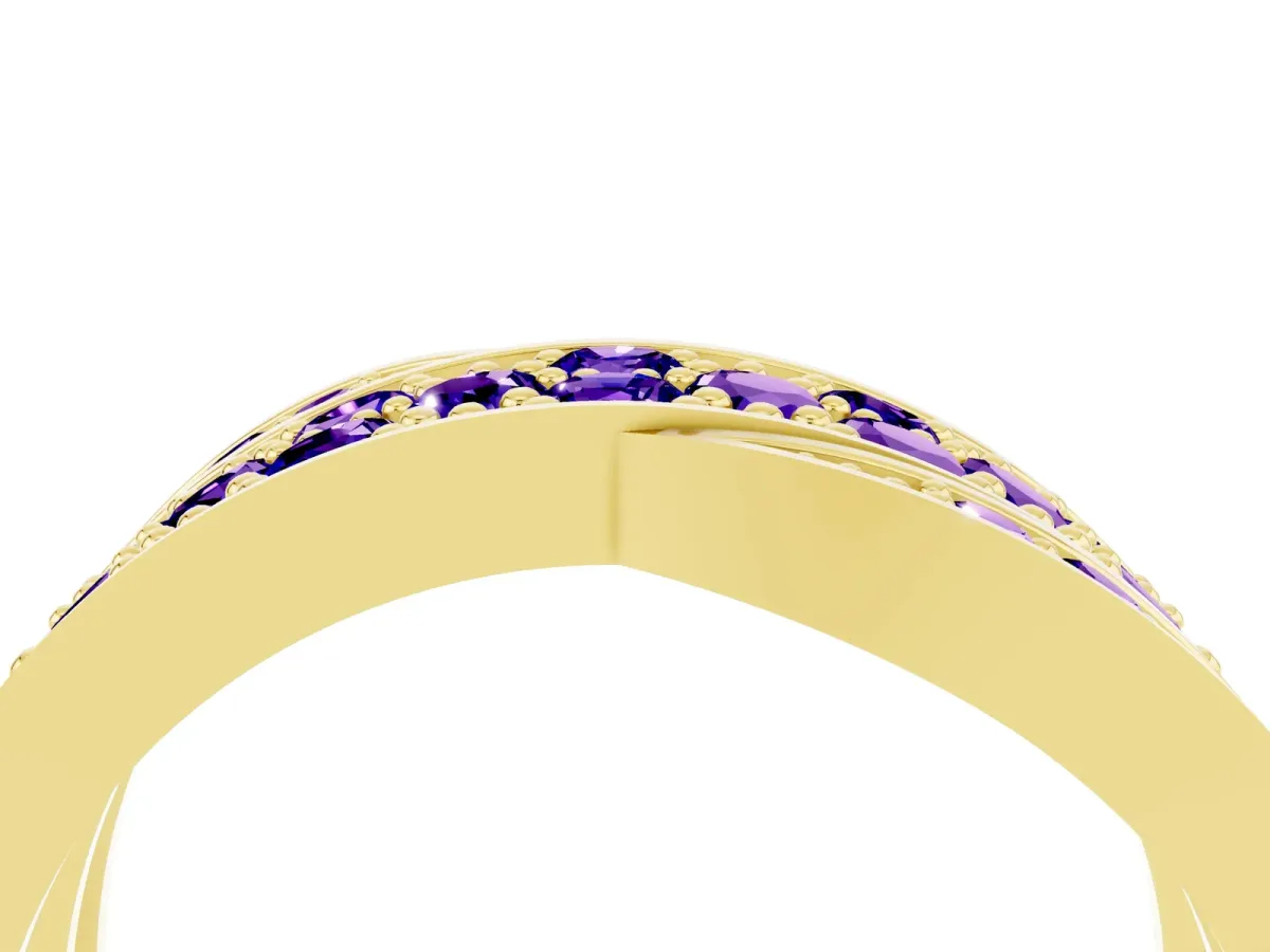 Pavé Round Tanzanite Crossover Band with Bead Prong Setting Yellow gold