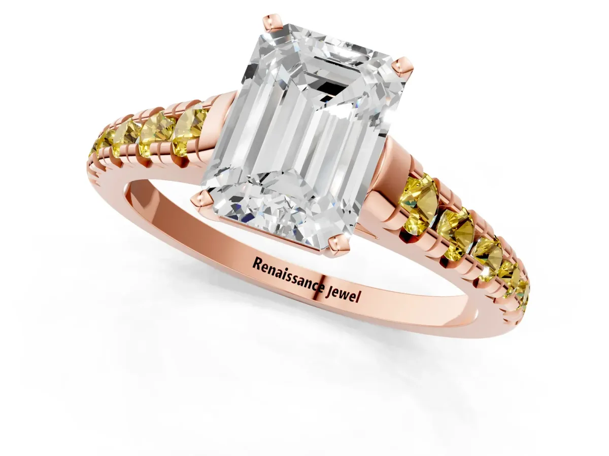 Emerald Cut Diamond Cathedral Solitaire Ring with Round Yellow Sapphire Pavé Band Rose gold