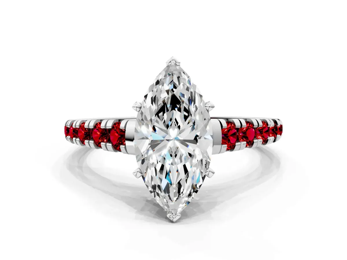 Marquise Cut Diamond Cathedral Solitaire Ring with Round Ruby Pavé Band White gold