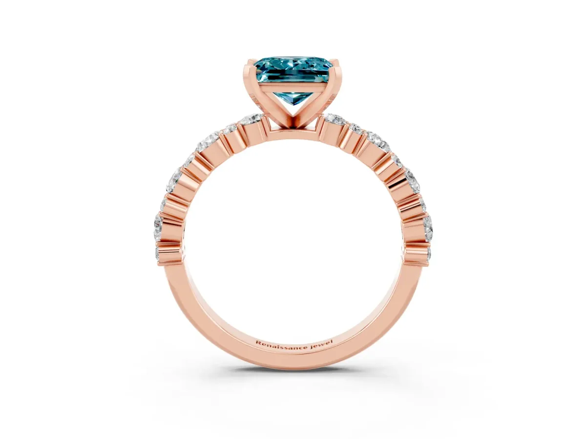 Princess Cut Blue Topaz Side Stone Solitaire Ring with Round and Four-Prong Setting Rose gold