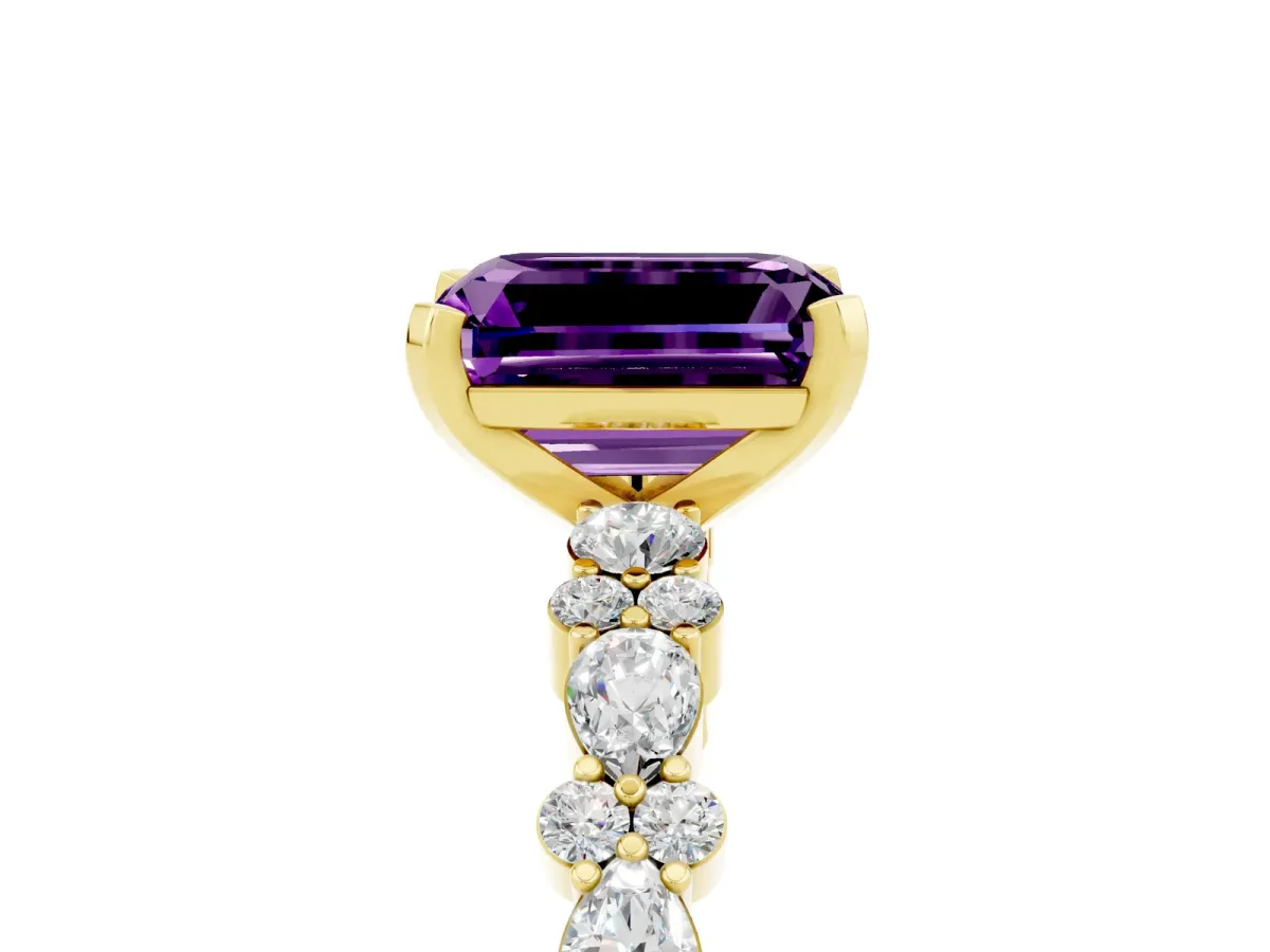 Emerald Cut Amethyst Side Stone Solitaire Ring with Round and Four-Prong Setting Yellow gold