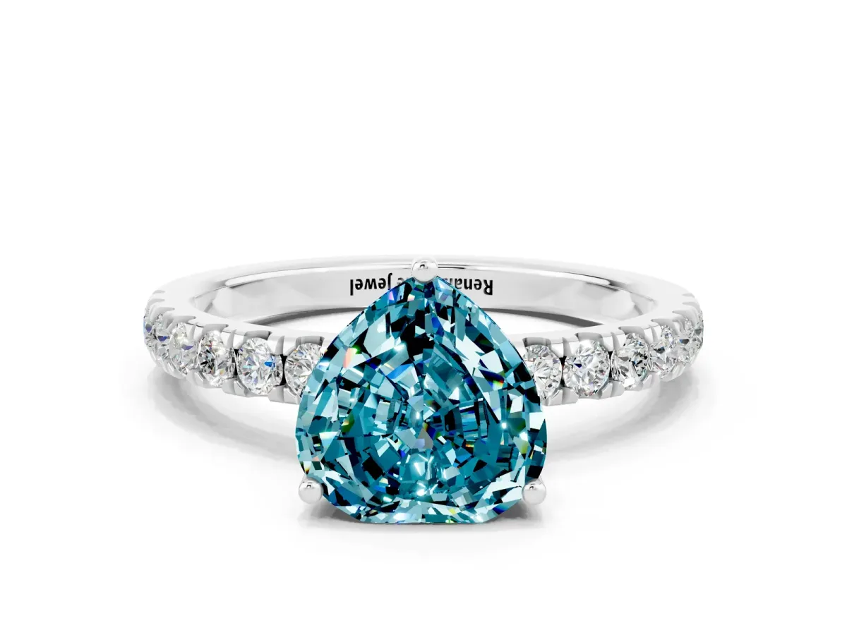 Heart Cut Blue Topaz Pave Band Solitaire Ring with Round and Prong Setting Platinum
