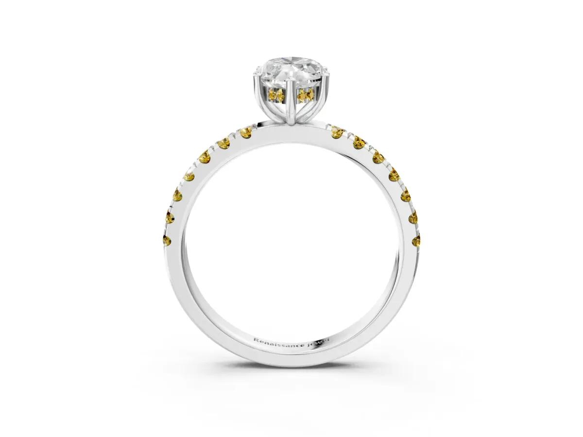 Marquise Cut Diamond Pave Band Solitaire Ring with Round Yellow Sapphire and Prong Setting Silver