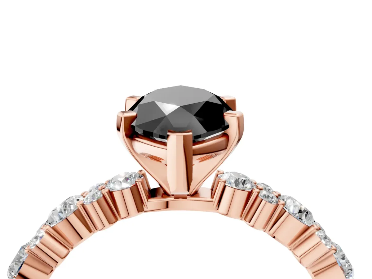 Fancy Black Marquise Cut Diamond Side Stone Solitaire Ring with Round and Four-Prong Setting Rose gold