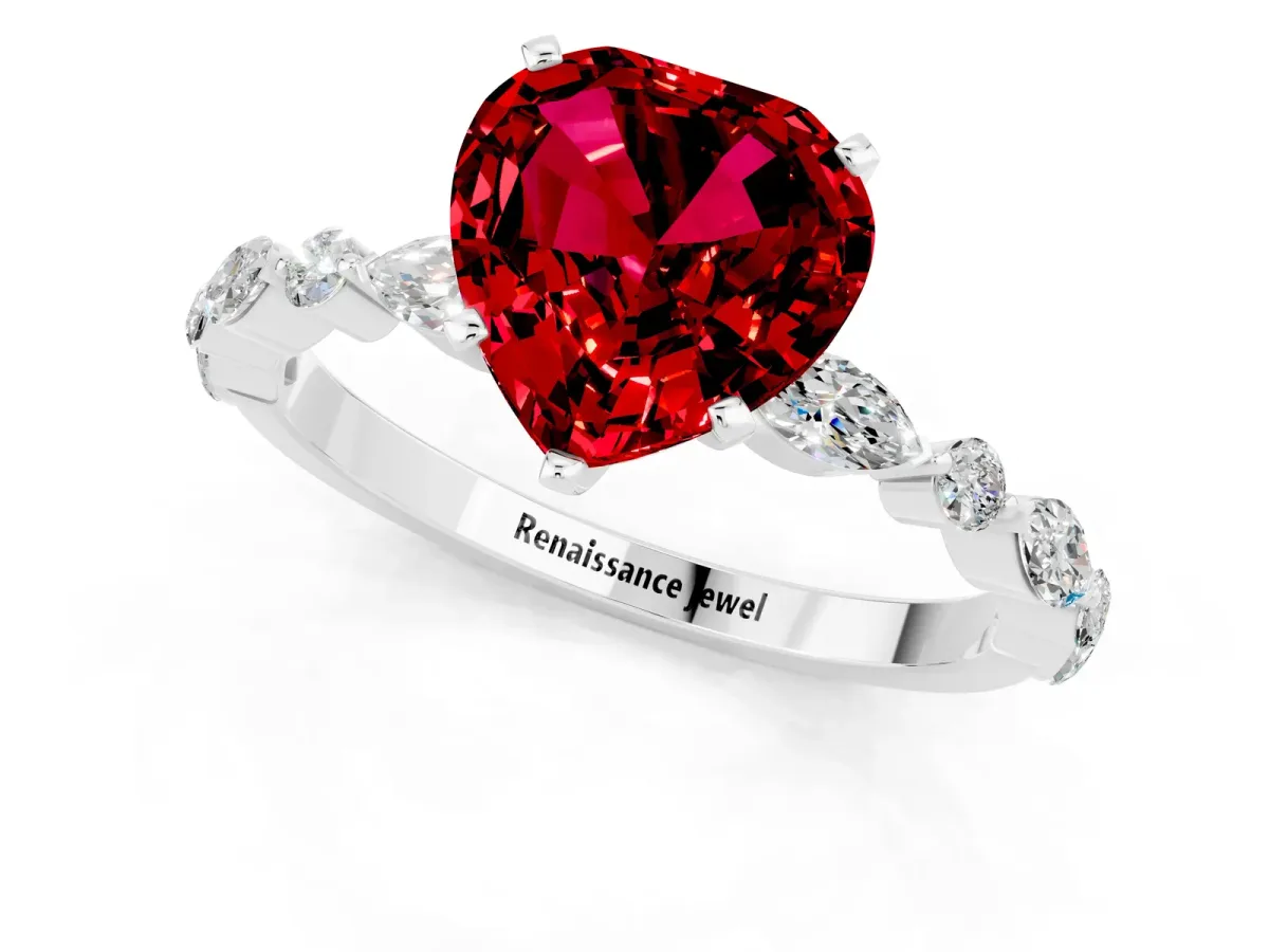 Heart Cut Ruby Ring with Marquise and Round Side Stones and Four-Prong Setting White gold