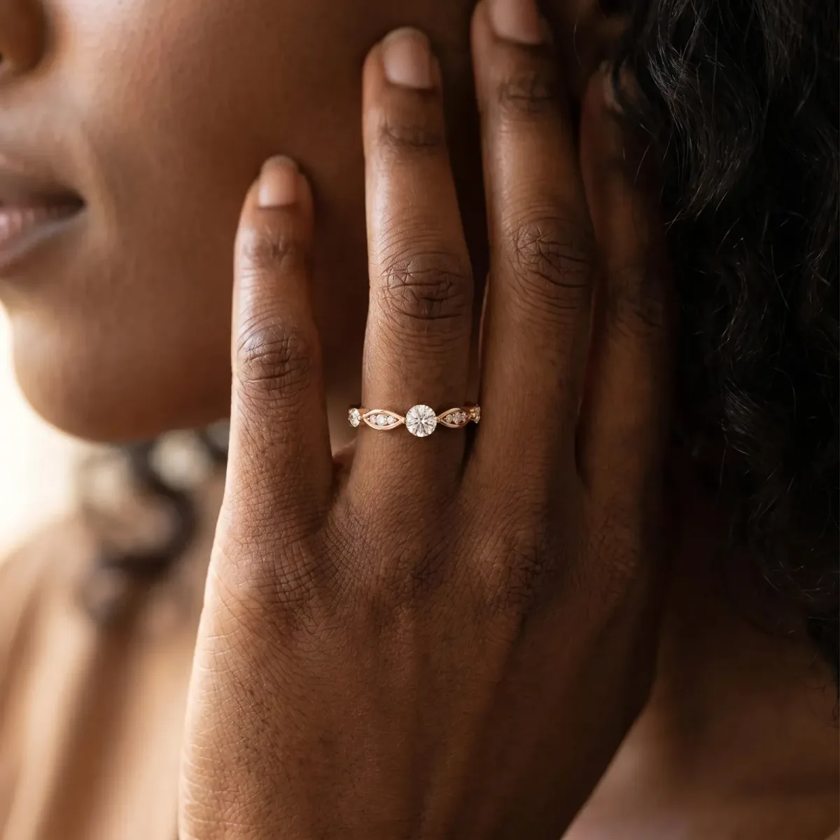 Marquise and Round Diamond Milgrain Band with Bezel Setting Rose gold