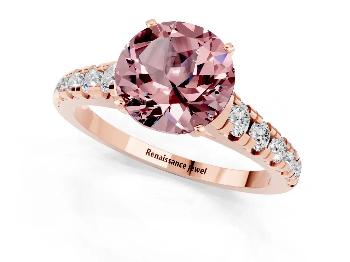 Round Cut Morganite Cathedral Solitaire Ring with Round Pavé Band Rose gold
