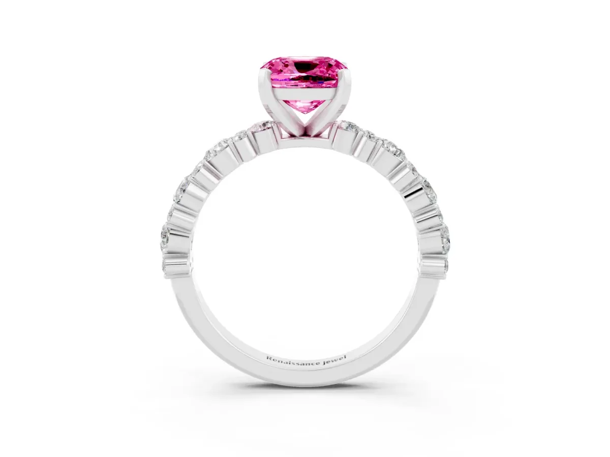 Cushion Cut Pink Sapphire Side Stone Solitaire Ring with Round and Four-Prong Setting Platinum