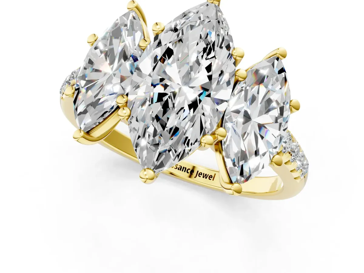 Three-Stone Marquise Cut Diamond Ring with Round Pavé Band and Prong Setting Yellow gold