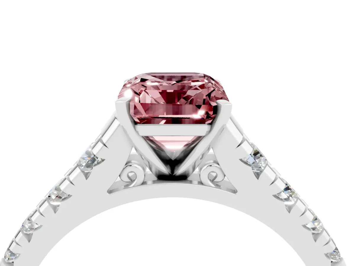 Emerald Cut Morganite Cathedral Solitaire Ring with Round Pavé Band Platinum