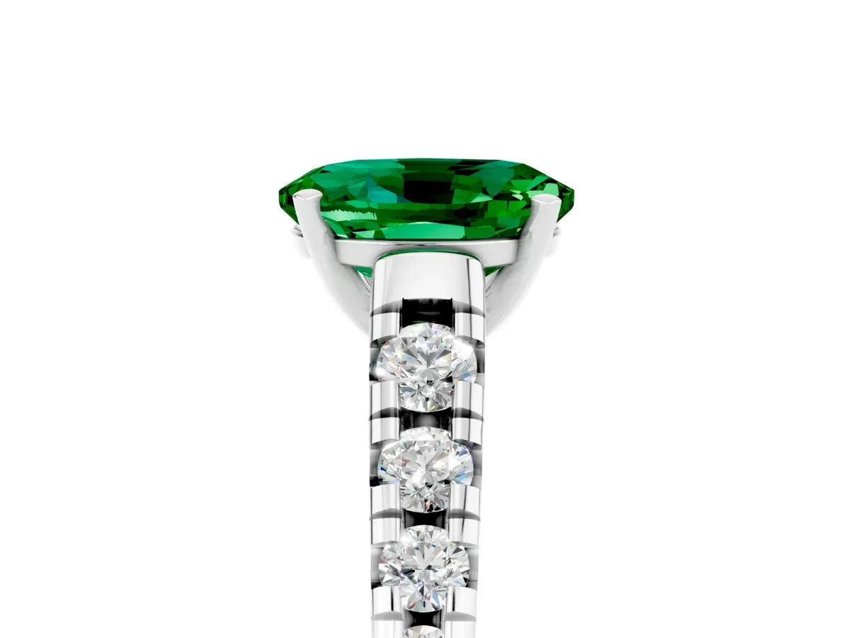 Oval Cut Emerald Cathedral Solitaire Ring with Round Pavé Band Silver