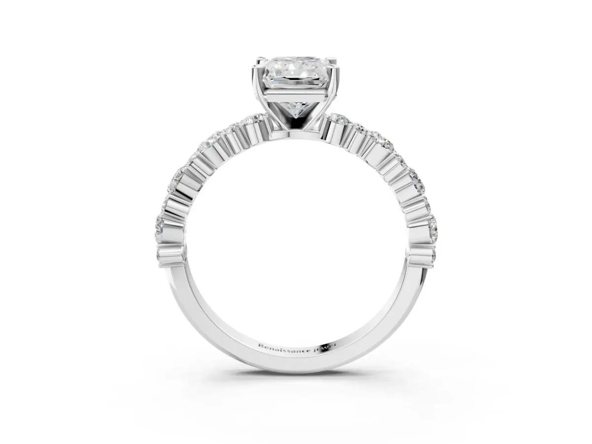 Radiant Cut Diamond Side Stone Solitaire Ring with Round and Four-Prong Setting Platinum