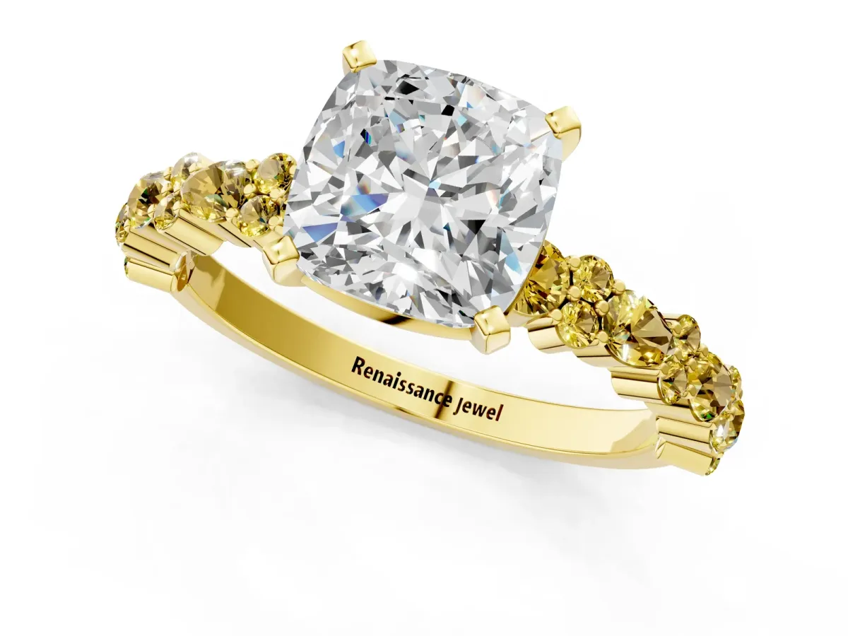 Cushion Cut Diamond Side Stone Solitaire Ring with Round Yellow Sapphire and Four-Prong Setting Yellow gold