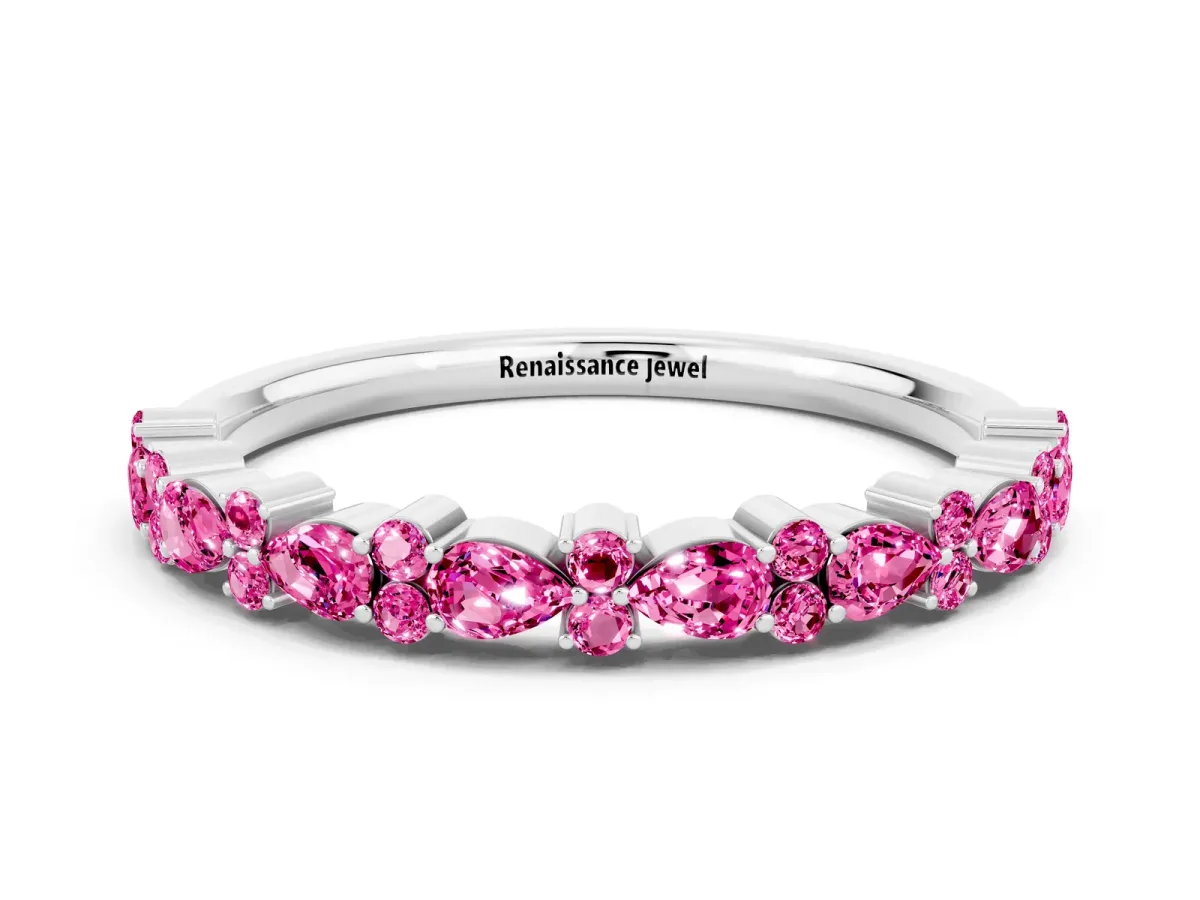 Pear and Round Pink Sapphire Wedding Band Silver