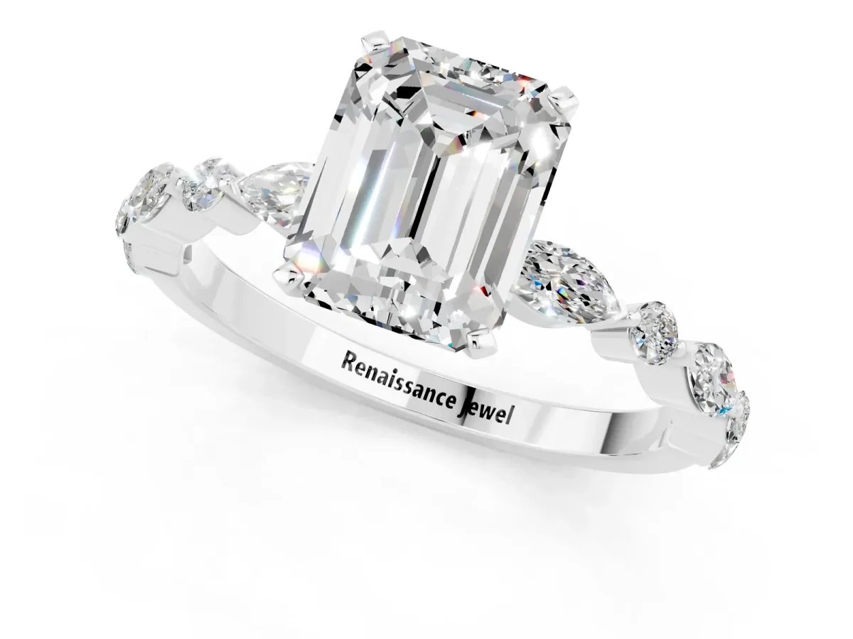 Emerald Cut Moissanite Ring with Marquise and Round Side Stones and Four-Prong Setting Silver