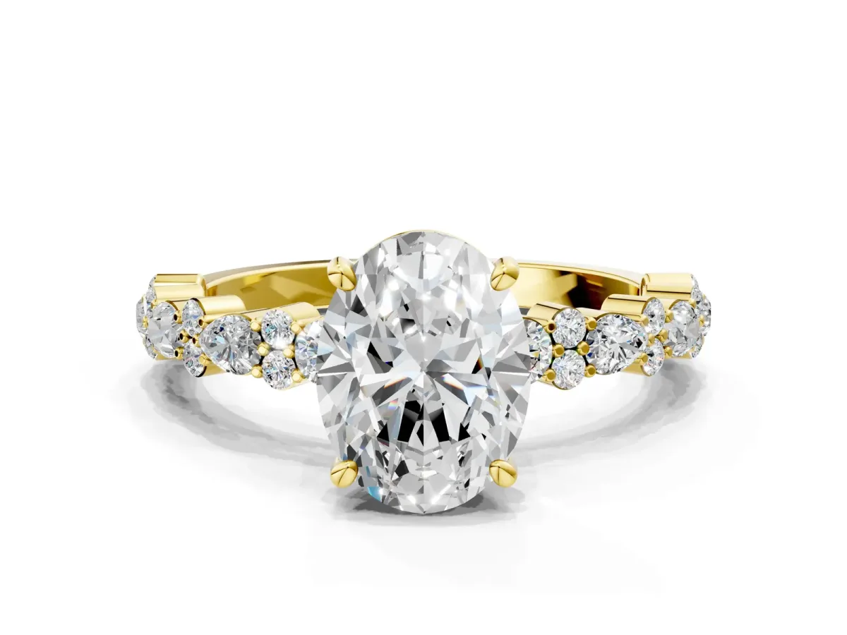 Oval Cut Diamond Side Stone Solitaire Ring with Round Moissanite and Four-Prong Setting Yellow gold