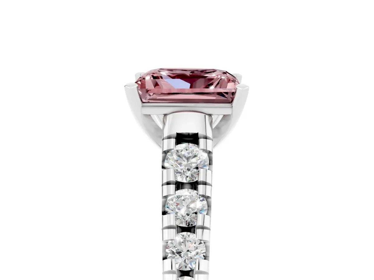 Princess Cut Morganite Cathedral Solitaire Ring with Round Pavé Band White gold