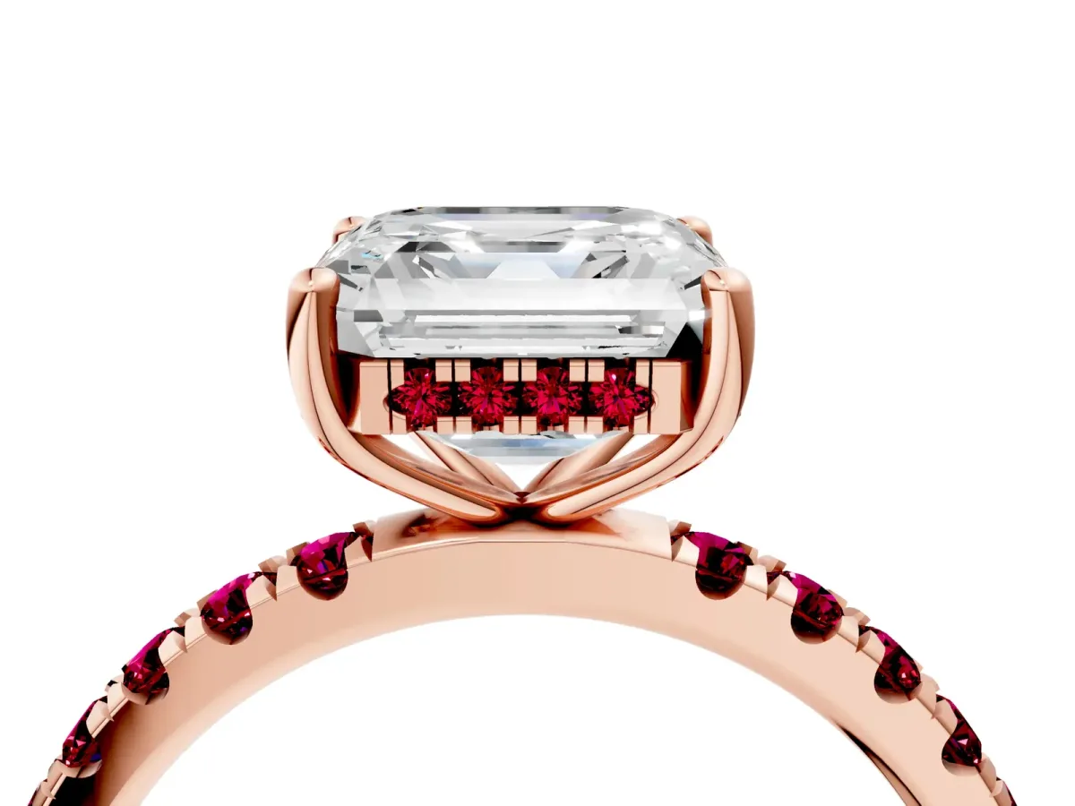 Asscher Cut Diamond Pave Band Solitaire Ring with Round Garnet and Prong Setting Rose gold