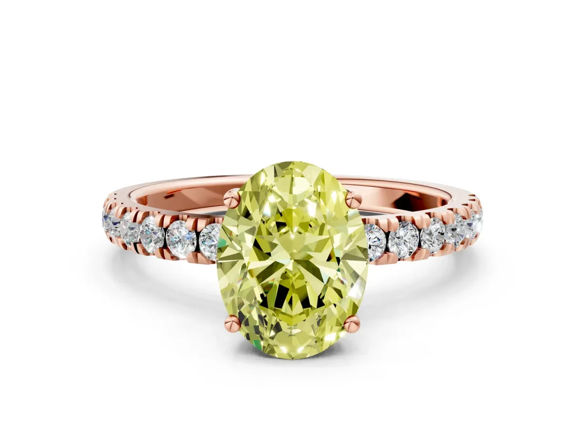 Fancy Yellow Oval Cut Diamond Pave Band Solitaire Ring with Round and Prong Setting Rose gold