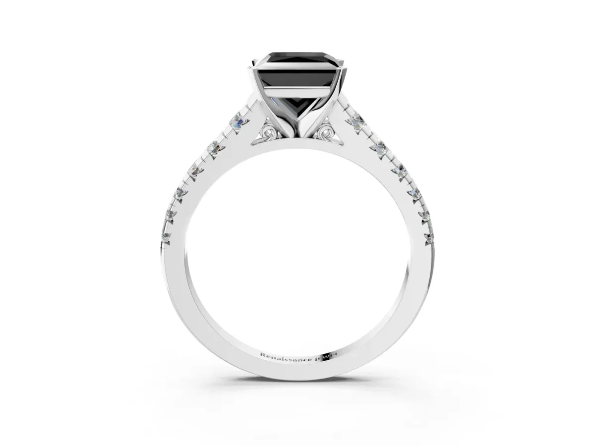 Fancy Black Princess Cut Diamond Cathedral Solitaire Ring with Round Pavé Band Silver