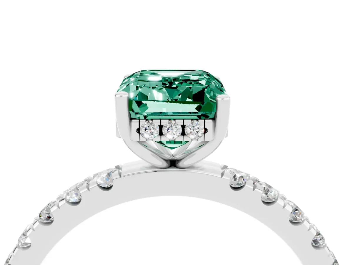 Emerald Cut Green Sapphire Pave Band Solitaire Ring with Round and Prong Setting Platinum