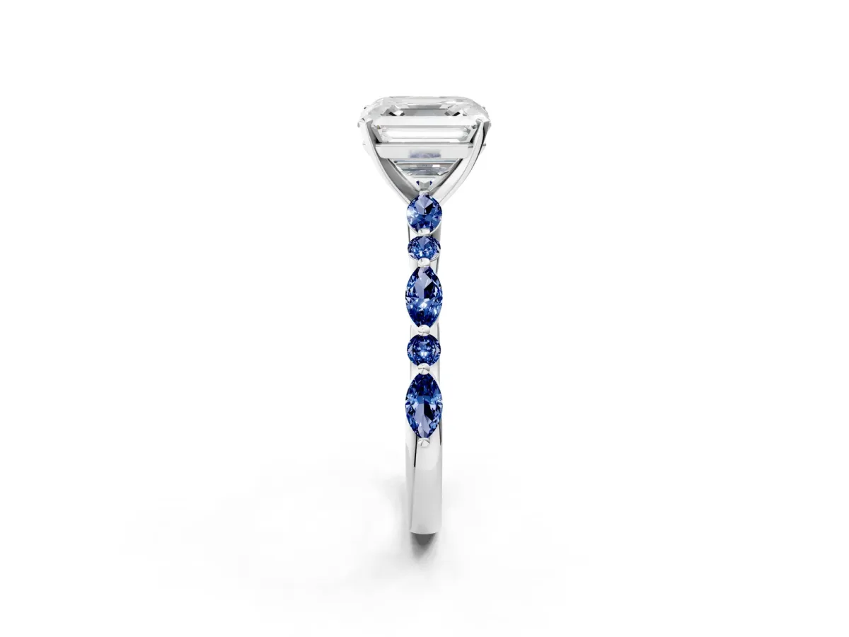 Asscher Cut Diamond Ring with Marquise and Round Blue Sapphire Side Stones and Four-Prong Setting Silver