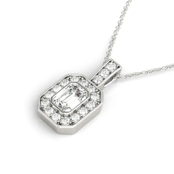 Emerald Cut Halo Pendant with Milgrain Detail Silver