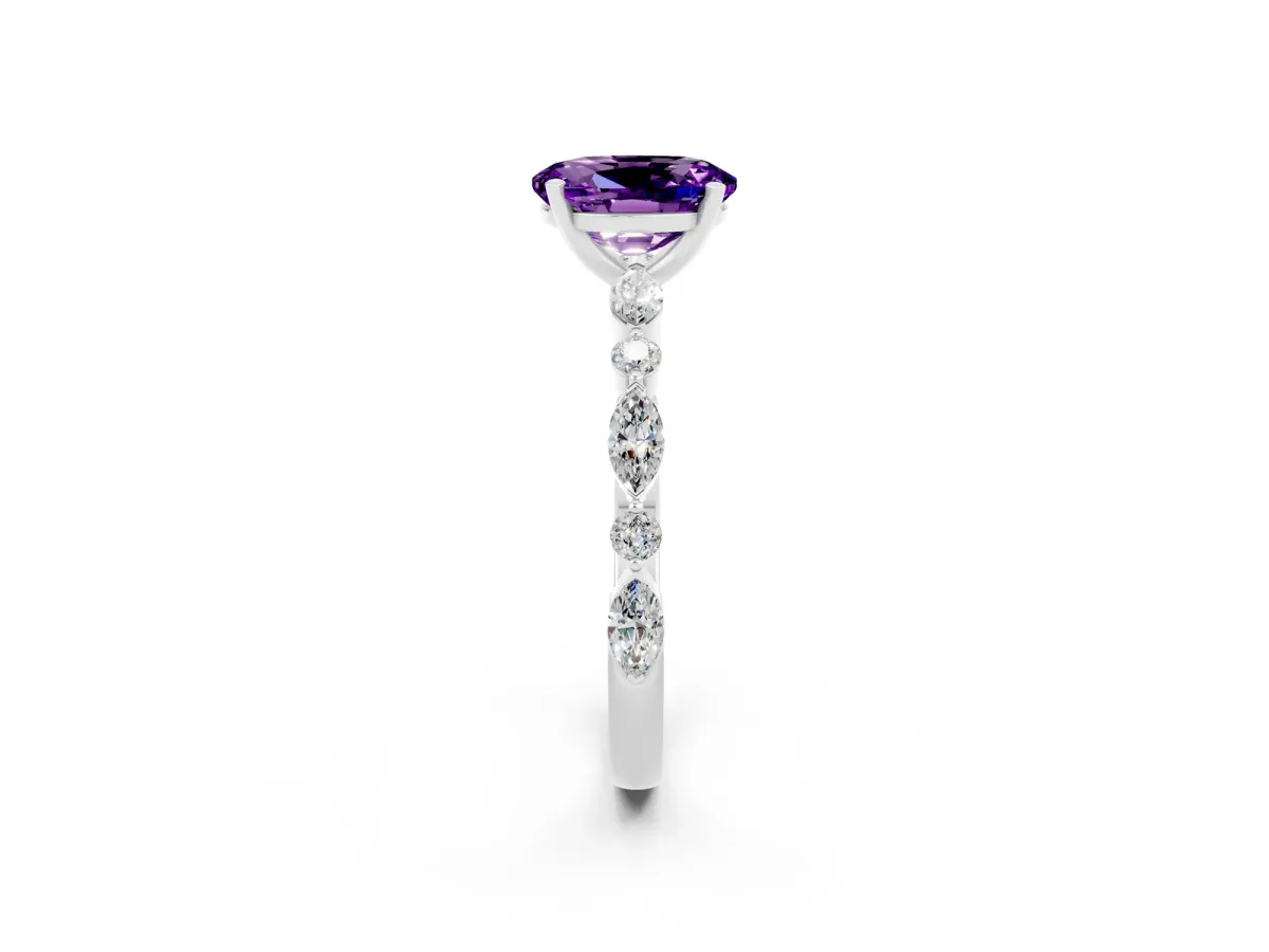 Oval Cut Amethyst Ring with Marquise and Round Side Stones and Four-Prong Setting Platinum