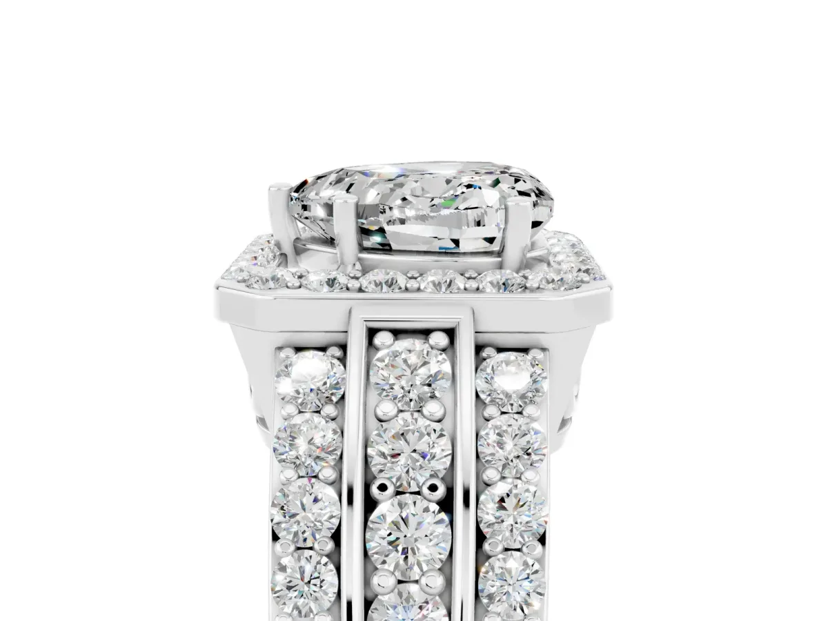 Heart Cut Halo Moissanite Ring with Round Split Shank and Prong Setting White gold