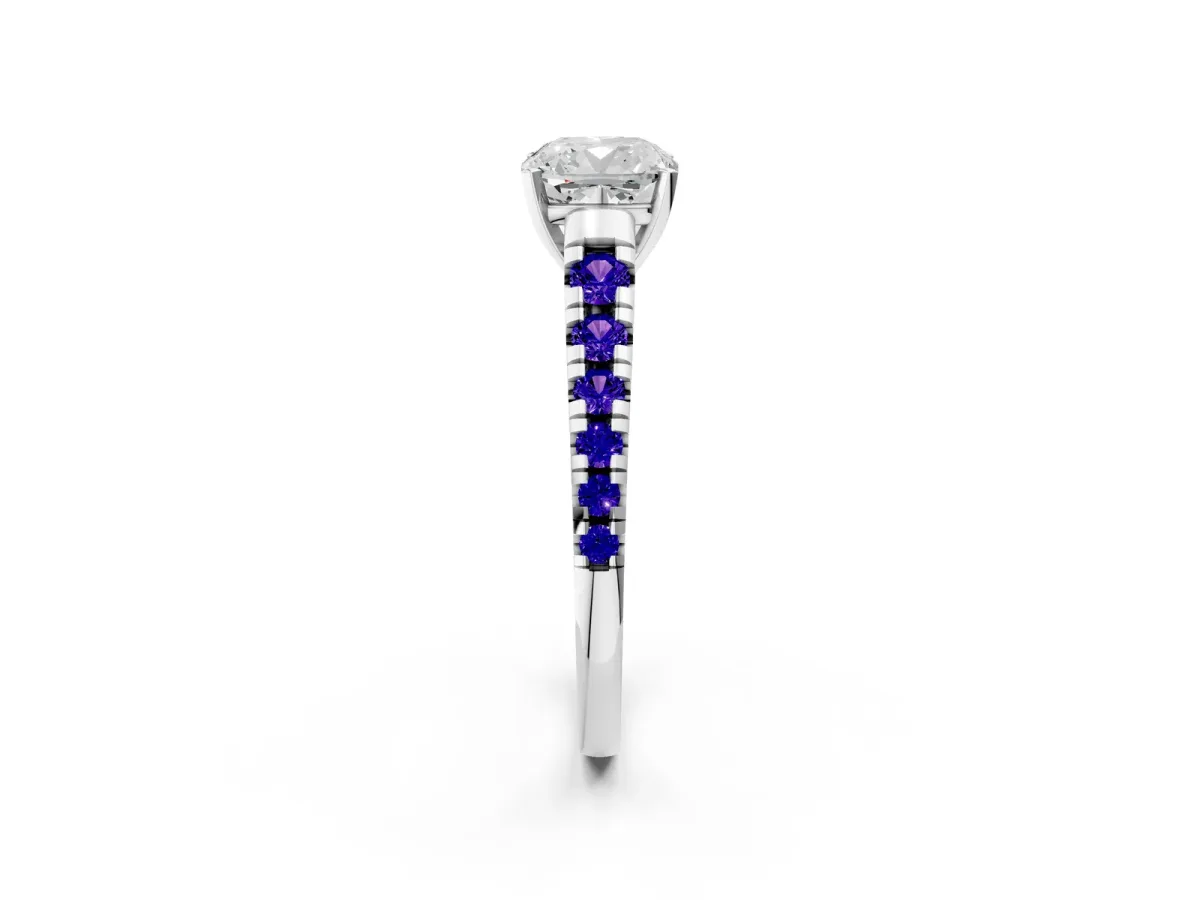 Cushion Cut Diamond Cathedral Solitaire Ring with Round Tanzanite Pavé Band Silver