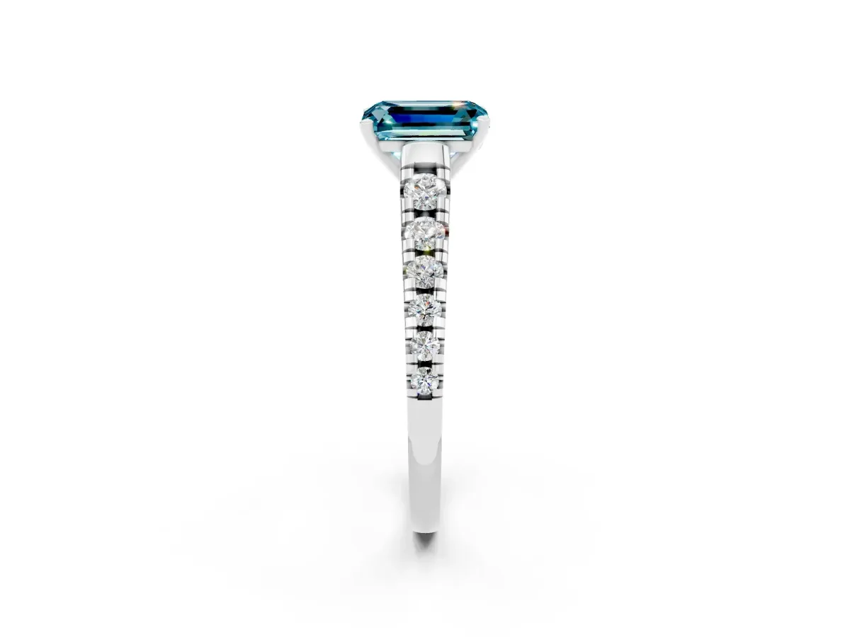 Emerald Cut Blue Topaz Cathedral Solitaire Ring with Round Pavé Band Platinum