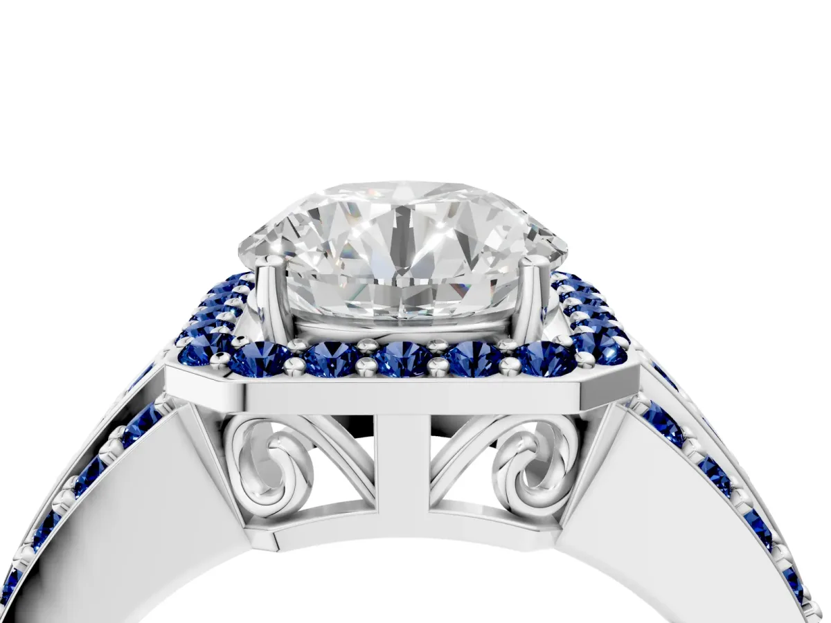 Round Cut Halo Diamond Ring with Round Blue Sapphire Split Shank and Prong Setting Silver
