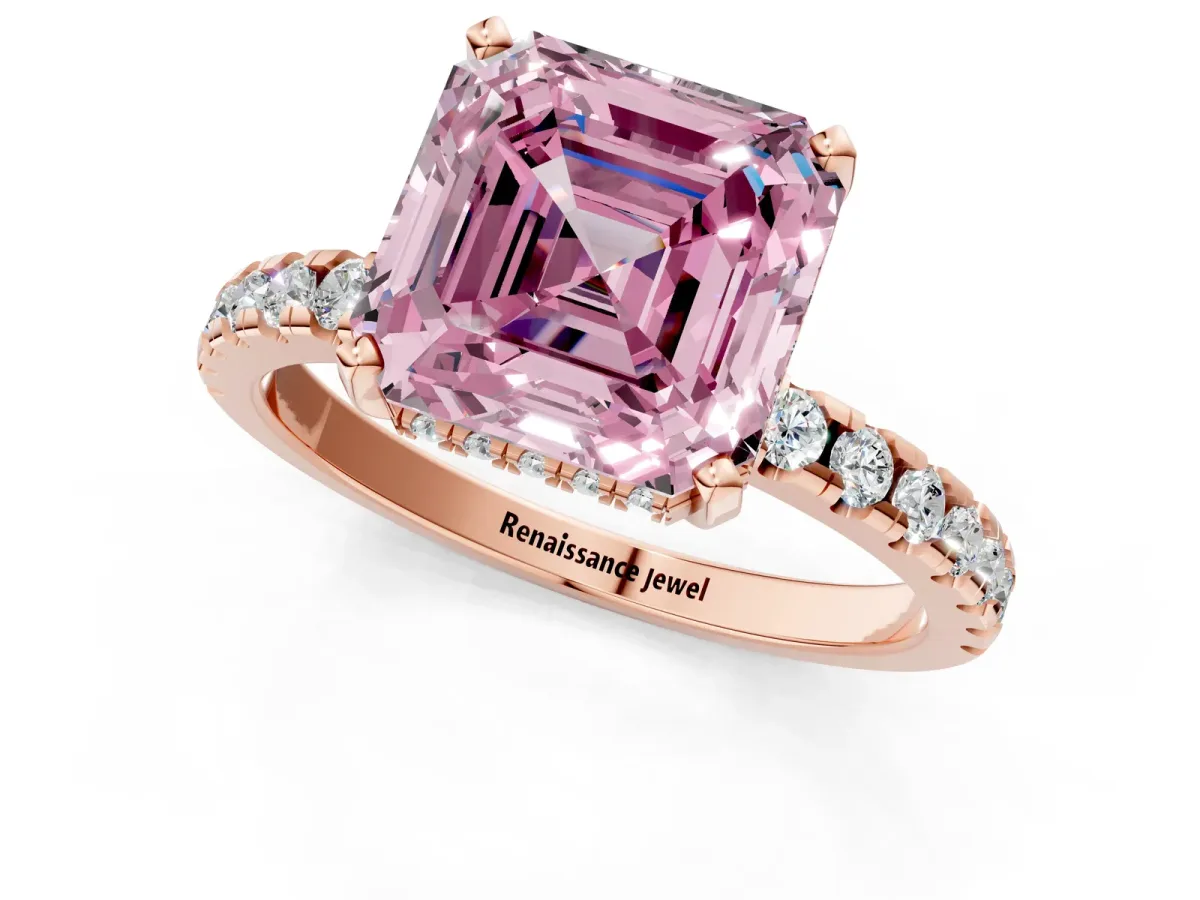 Fancy Pink Asscher Cut Diamond Solitaire Ring with Round Pavé Band and Four-Prong Setting Rose gold