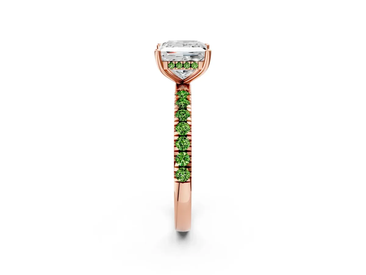 Princess Cut Diamond Pave Band Solitaire Ring with Round Peridot and Prong Setting Rose gold