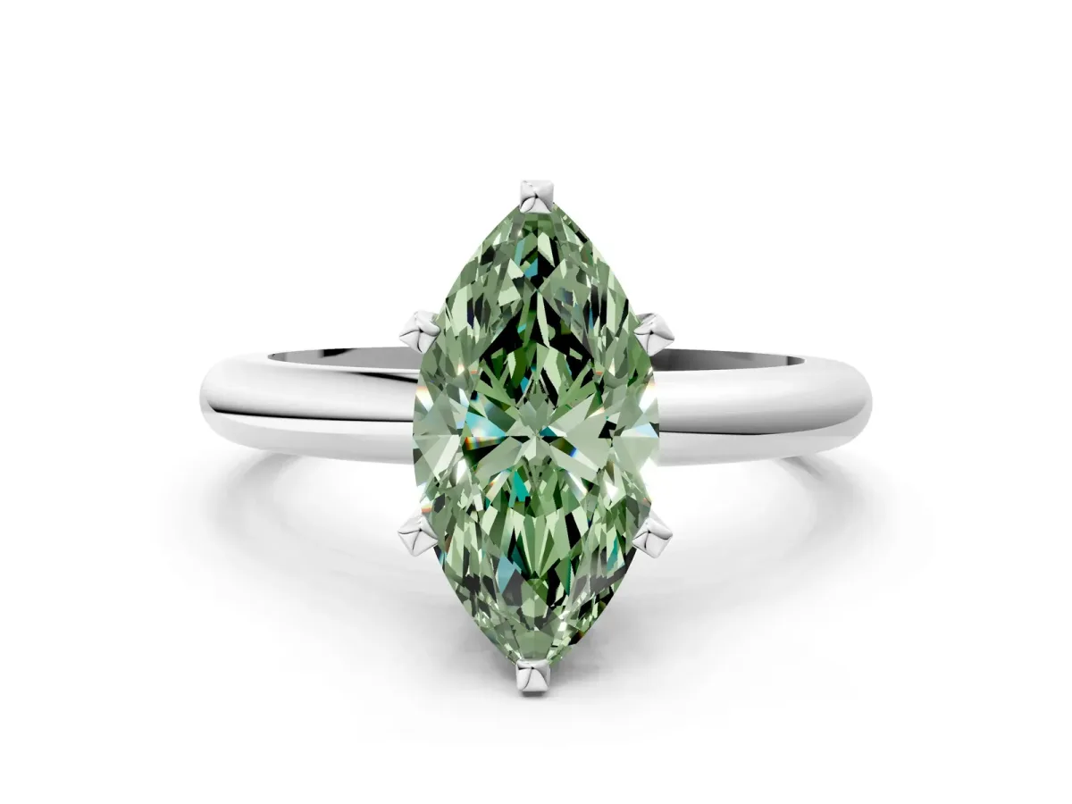 Fancy Green Marquise Cut Diamond Solitaire Engagement Ring with Round Band and Four-Prong Setting Silver