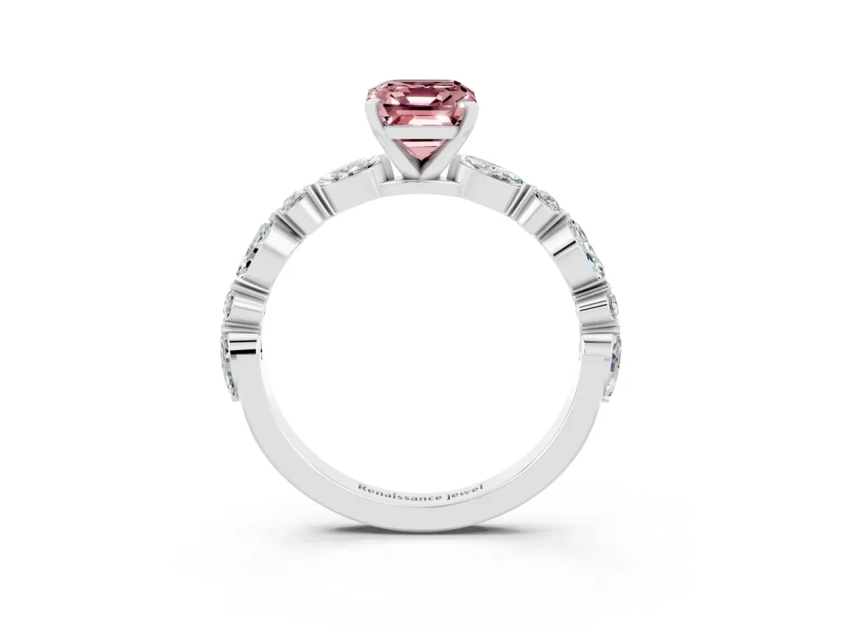 Emerald Cut Morganite Ring with Marquise and Round Side Stones and Four-Prong Setting Platinum