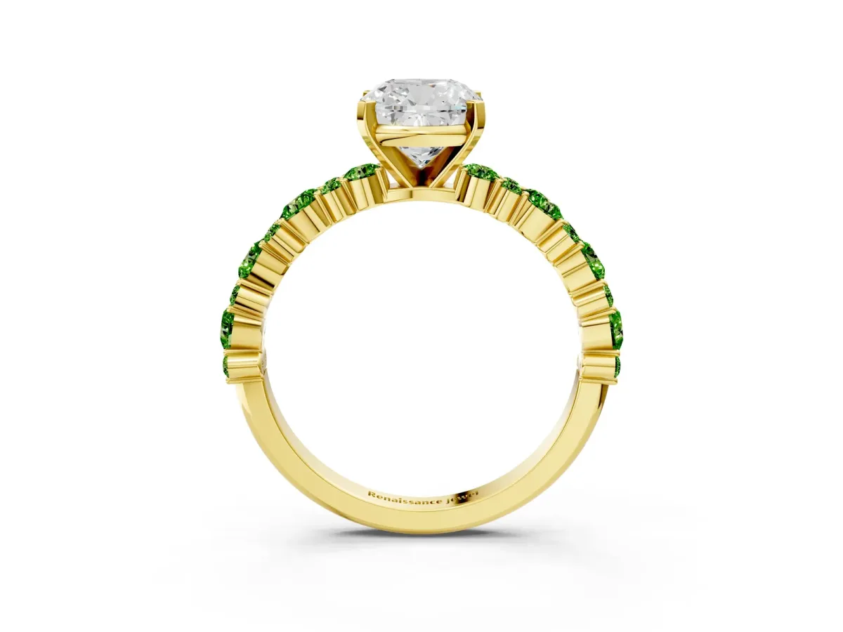Cushion Cut Diamond Side Stone Solitaire Ring with Round Peridot and Four-Prong Setting Yellow gold