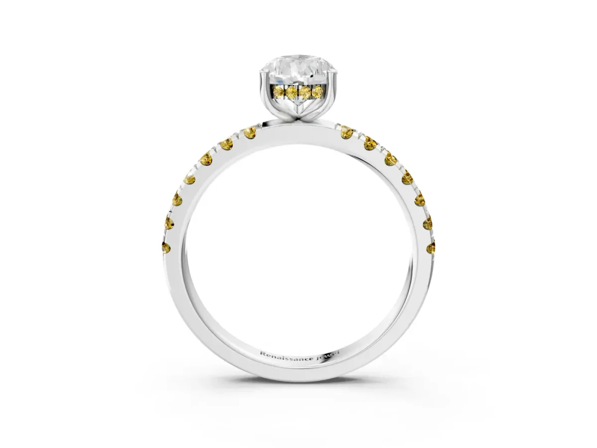 Pear Cut Diamond Pave Band Solitaire Ring with Round Yellow Sapphire and Prong Setting White gold