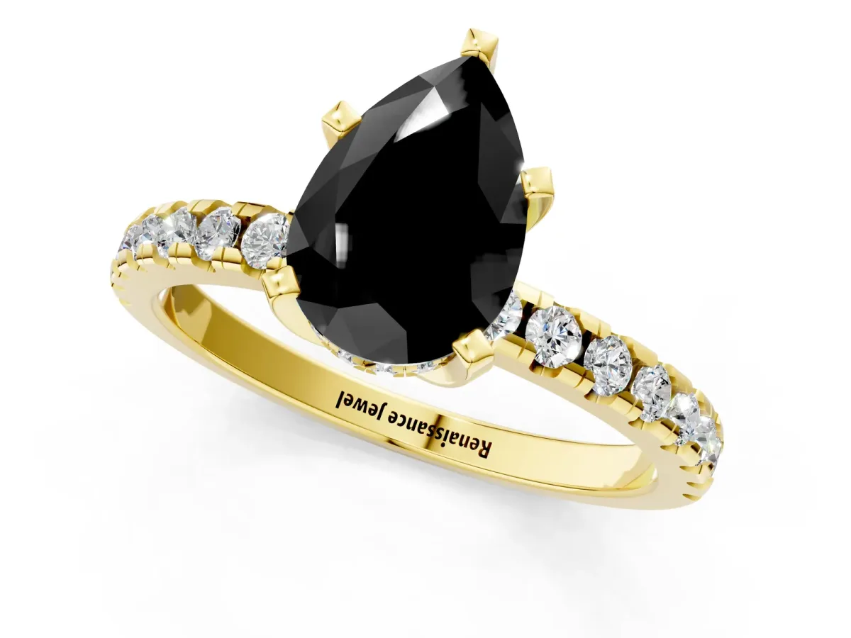 Fancy Black Pear Cut Diamond Solitaire Ring with Round Pavé Band and Four-Prong Setting Yellow gold