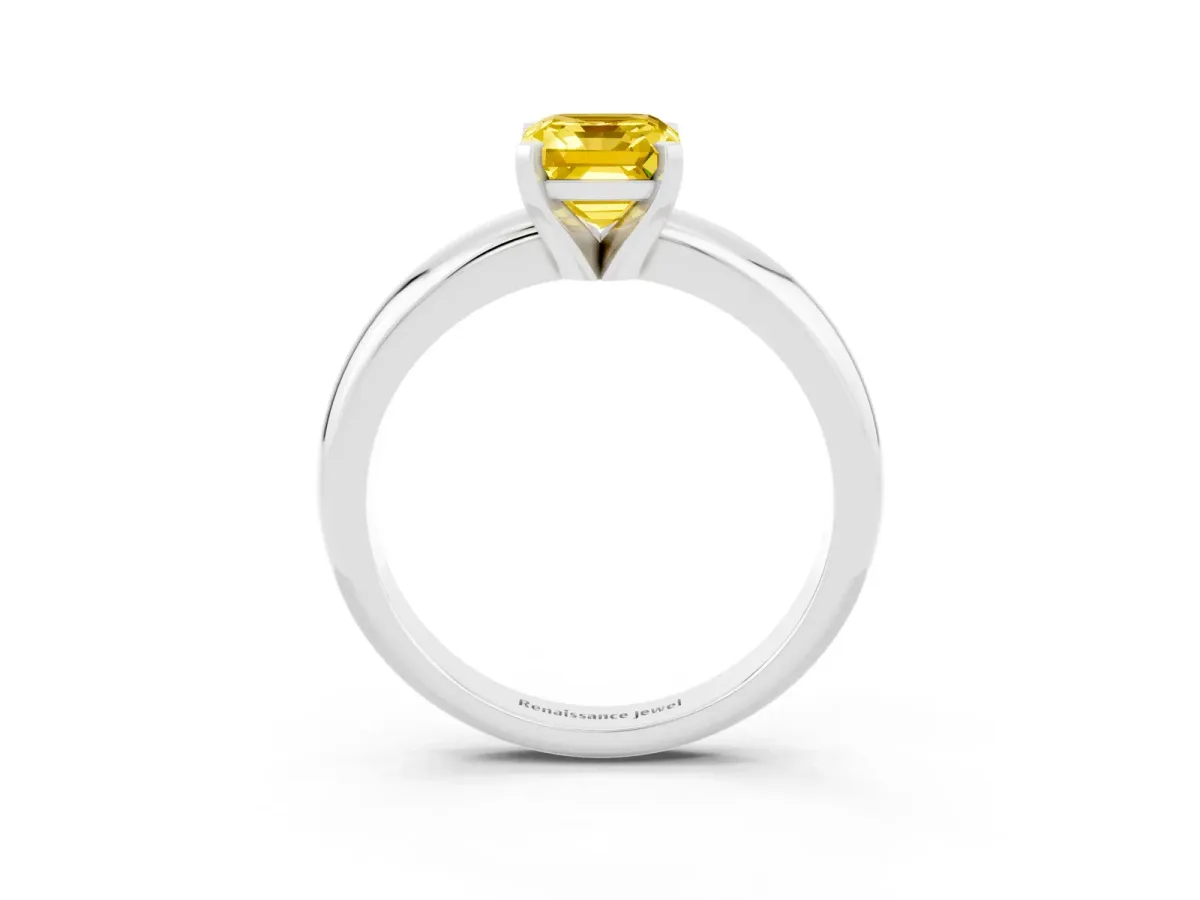 Emerald Cut Yellow Sapphire Solitaire Engagement Ring with Round Band and Four-Prong Setting Silver