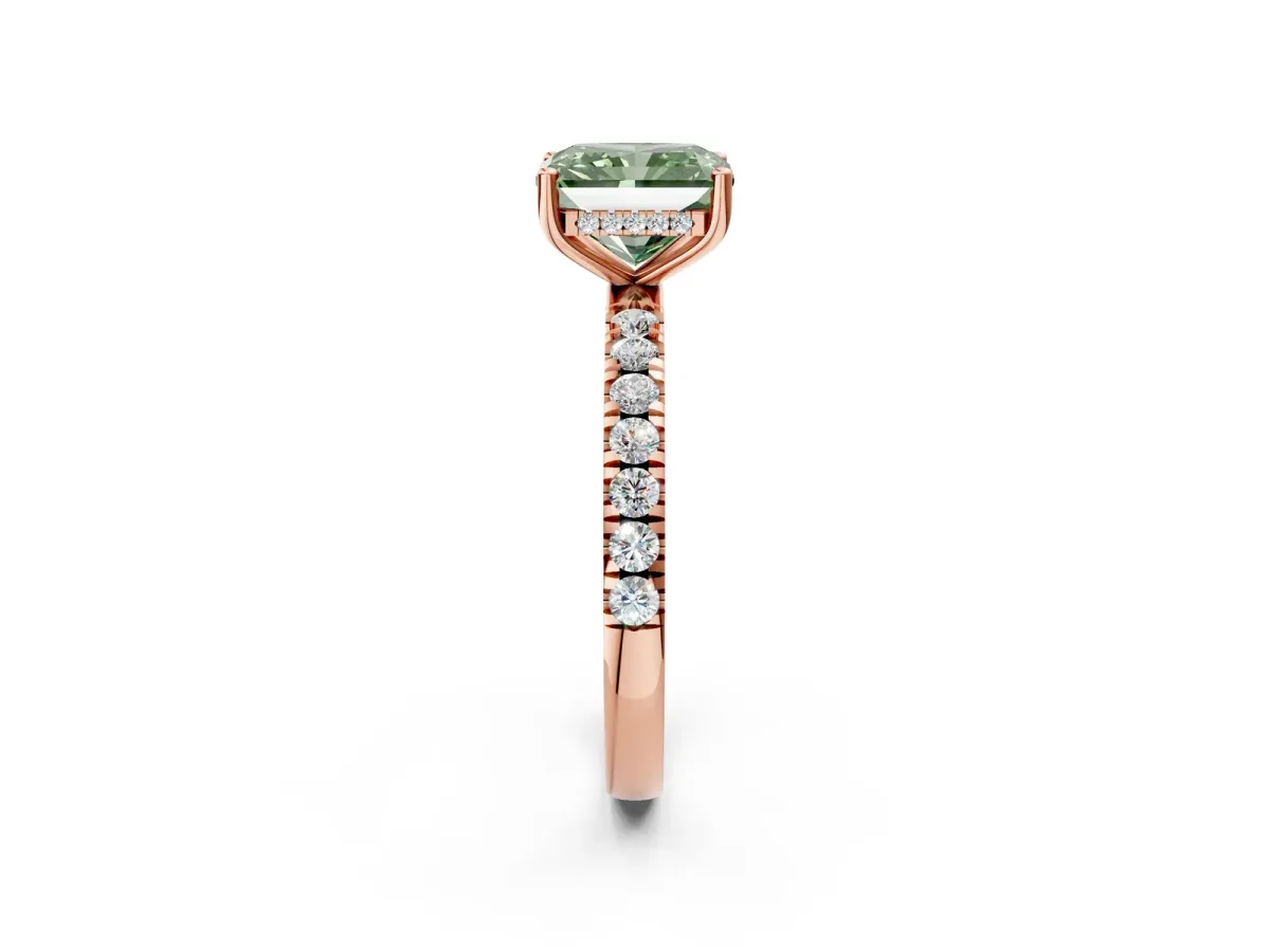 Fancy Green Radiant Cut Diamond Pave Band Solitaire Ring with Round and Prong Setting Rose gold