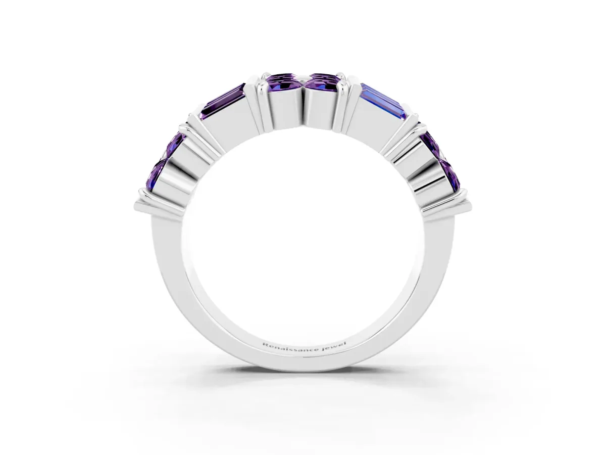 Channel Set Round and Baguette Amethyst Anniversary Band with Prong Setting Platinum