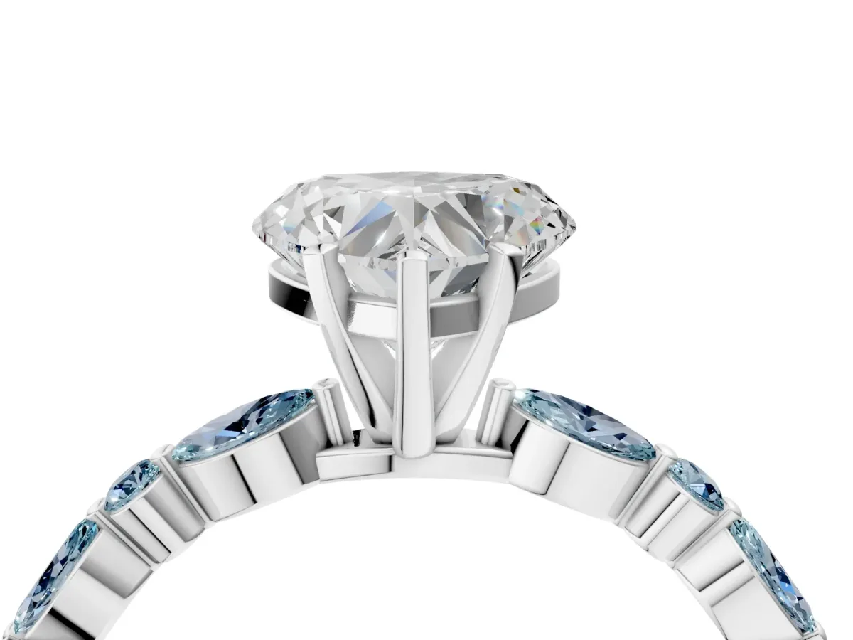Heart Cut Diamond Ring with Marquise and Round Aquamarine Side Stones and Four-Prong Setting Silver